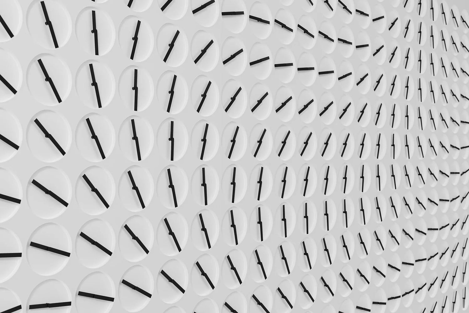 An intricate, technology-driven artwork by Humans Since 1982, featuring synchronized moving elements in a minimalist design.