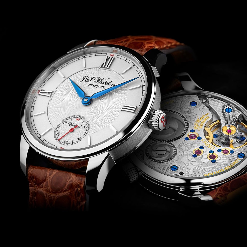 A collection of JS Watch Co. Reykjavik timepieces, showcasing intricate designs and exceptional craftsmanship, set against Icelandic landscapes.