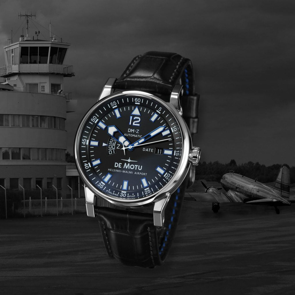 De Motu pilot watch designed by Mr. Valdemar Hirvelä, showcasing exceptional craftsmanship and aviation-inspired design.